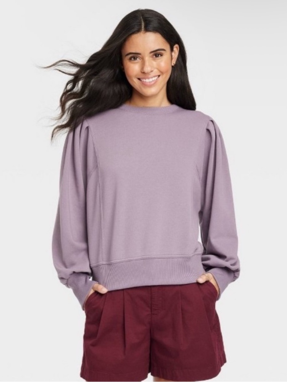 A New Day Puff At Shoulder Balloon Sleeve Purple Crew Neck Sweatshirt Fleece